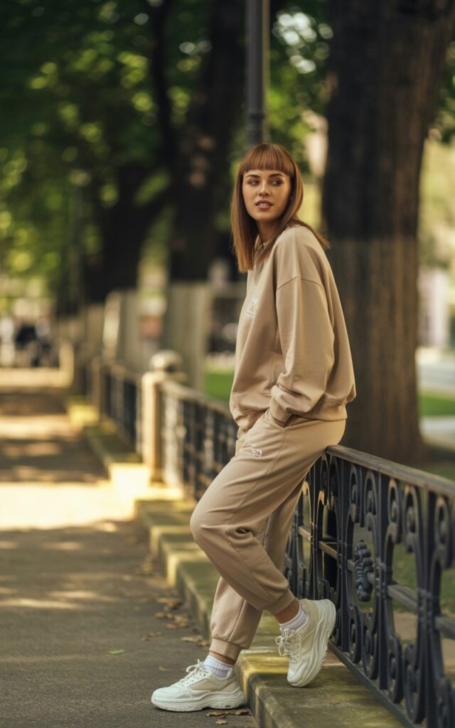 Urban park walkway, soft daylight. She wears a beige oversized matching sweat set with chunky sneakers. Hair is straight and shiny, parted in the middle. She’s leaning against a railing, looking relaxed with hands in pockets.