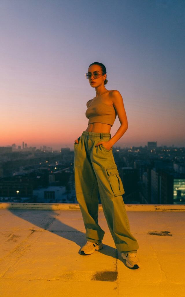 Urban rooftop at sunset. Model wears a neutral knit tube top with oversized khaki cargo shorts and chunky sunglasses, paired with sneakers. Hair slicked back in a bun. She stands confidently with hands in pockets, edgy but relaxed vibe.