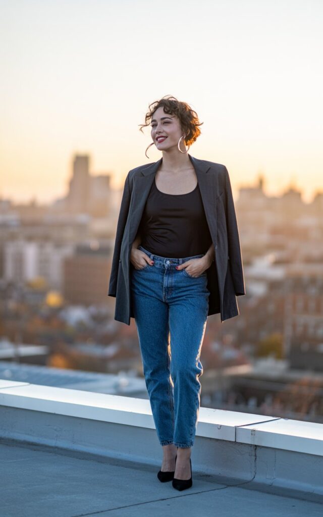 Urban rooftop full-body shot at sunset. Model wears a fitted black tank, blue jeans, and a longline gray blazer draped over. Black pumps add structure. Her hair is styled in loose curls. She poses standing on the rooftop ledge casually with a playful half-smile.