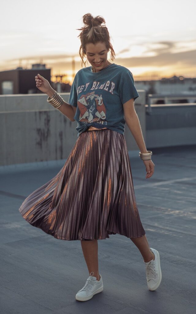 Urban rooftop setting. Model wears a vintage graphic tee tucked into a metallic pleated midi skirt, white sneakers, and layered bracelets. Messy bun hairstyle. Natural sunset lighting. She twirls mid-motion, laughing candidly.