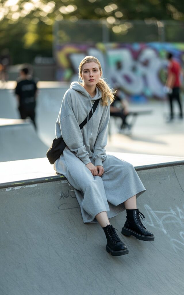 Urban skate park scene. Model in a long gray hoodie dress with chunky black combat boots, crossbody bag slung across. Natural daylight. Hair in a messy ponytail. Pose sitting on a ramp edge, casual, cool expression.