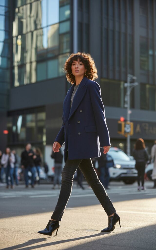 Urban street setting. Model in a navy double-breasted wool coat, black skinny jeans, and pointed ankle boots. Late afternoon light bouncing off glass buildings. Hair styled in soft curls. Pose walking mid-step, stylish and poised.