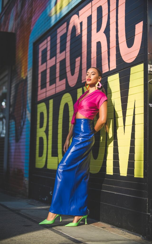 Urban wall mural background. A tall, slim model with sleek ponytail wears a cobalt blue maxi skirt and a bold fuchsia cropped top, paired with neon heels and statement earrings. The midday sun makes the colors pop. She’s posing with one hand on her hip, exuding confidence.