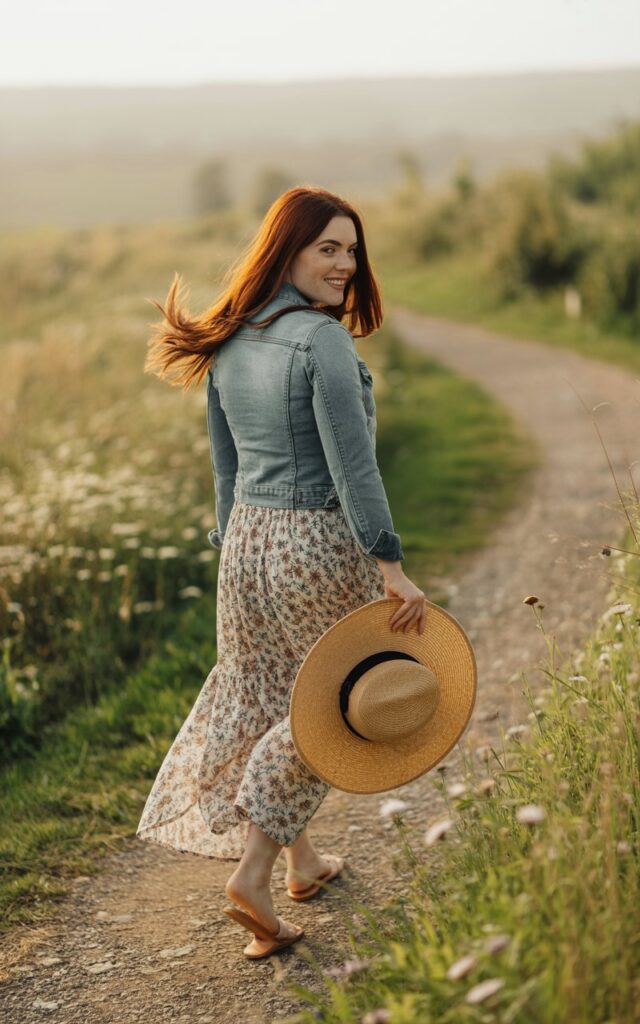 White-skinned brunette with flowing hair, wearing a floral maxi skirt and a fitted light-wash denim jacket, paired with sandals. Captured in a rustic countryside path during golden hour. She’s walking away slightly turned to camera, holding a sunhat, soft natural smile.