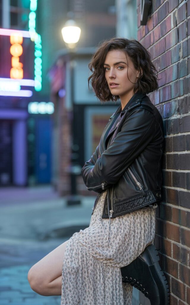 White-skinned brunette with sharp cheekbones, wearing a black leather moto jacket layered over a soft floral midi dress, paired with combat boots. Urban alleyway setting with neon signs glowing, nighttime shot with artificial lighting. She’s leaning against the wall, intense expression, arms loosely crossed.