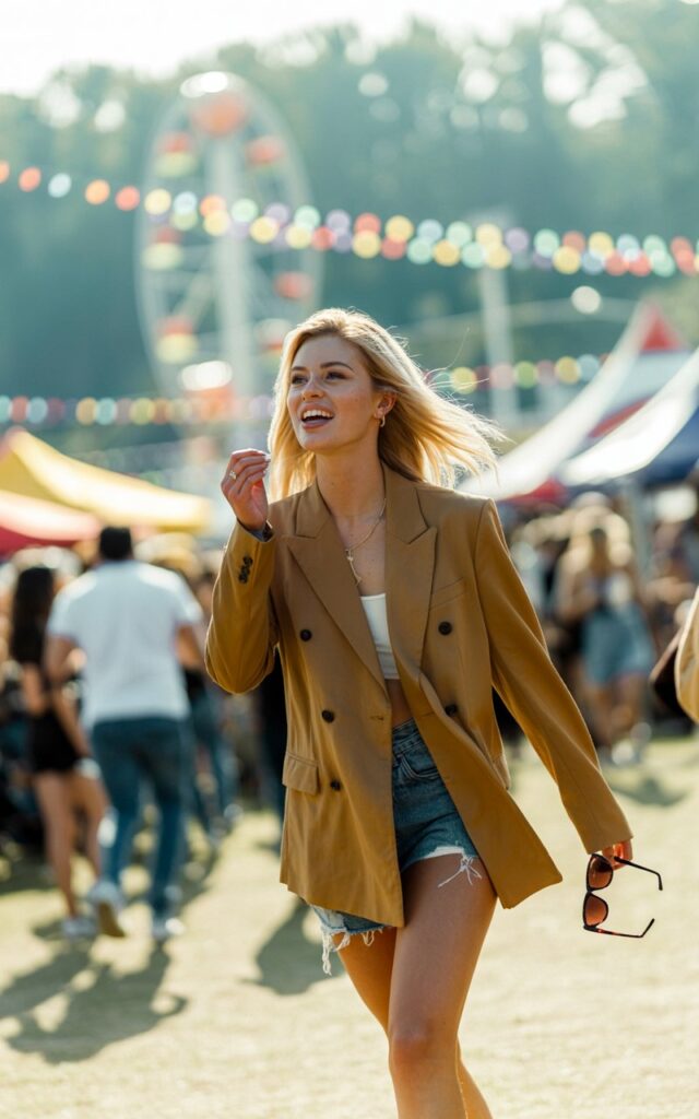 White-skinned female model with beachy waves, in a double-breasted camel blazer, distressed denim cutoffs, and ankle boots. Setting summer festival grounds. Bright natural daylight. She’s walking mid-step with sunglasses in hand, candid festival-ready vibe.
