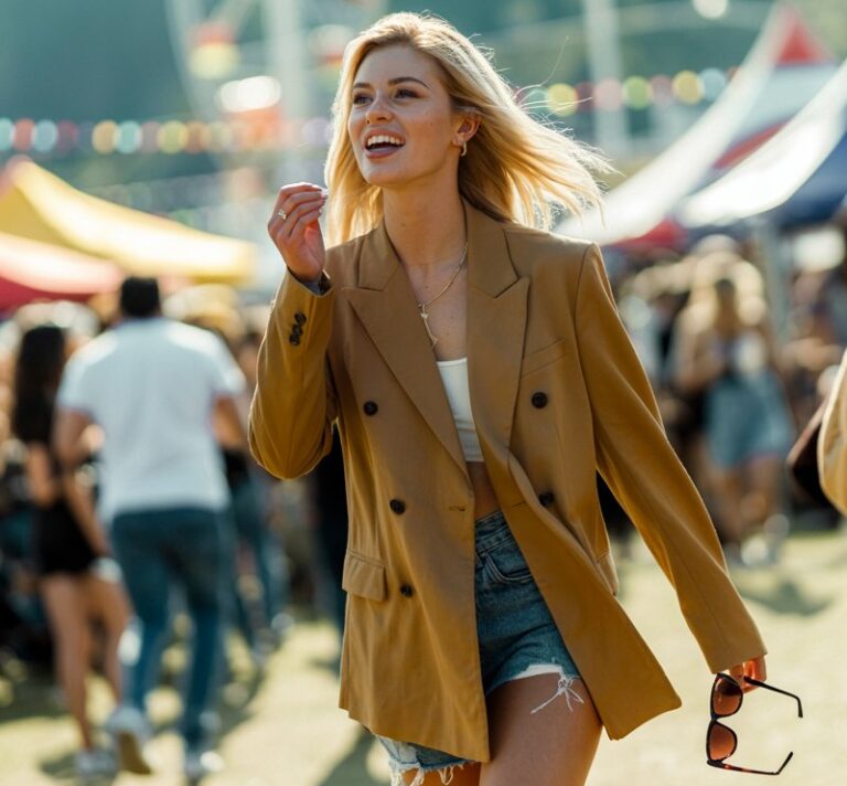 White-skinned female model with beachy waves, in a double-breasted camel blazer, distressed denim cutoffs, and ankle boots. Setting summer festival grounds. Bright natural daylight. She’s walking mid-step with sunglasses in hand, candid festival-ready vibe.