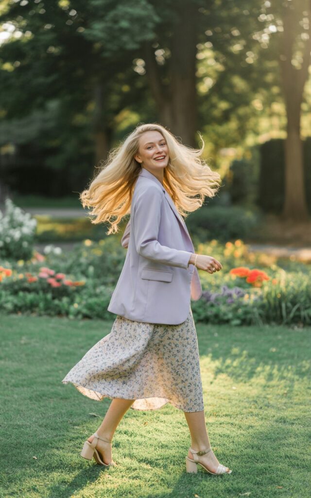 White-skinned female model with long flowing blonde hair, in a pastel lavender blazer, floral midi dress, and nude sandals. Setting blooming park garden. Golden hour sunlight filtering through trees. She’s twirling slightly, candid joy. Feminine and fresh.