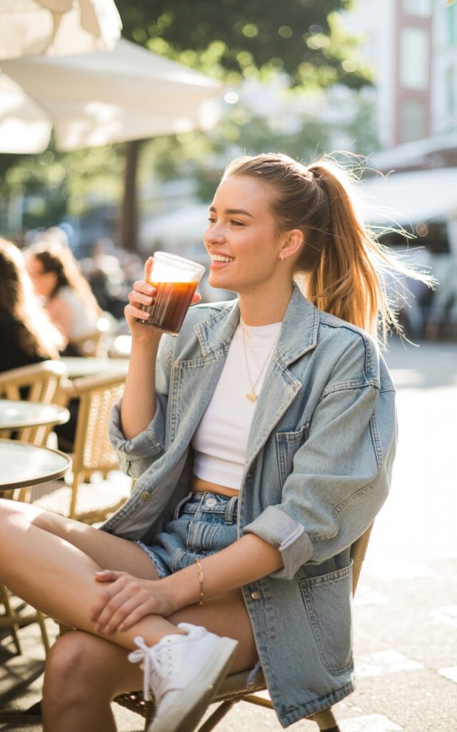 White-skinned female model with loose ponytail, in a light wash denim blazer, white crop top, denim shorts, and white sneakers. Setting casual city café. Golden hour daylight spilling in. She’s sipping iced coffee outdoors, carefree smile. Playful and fresh.