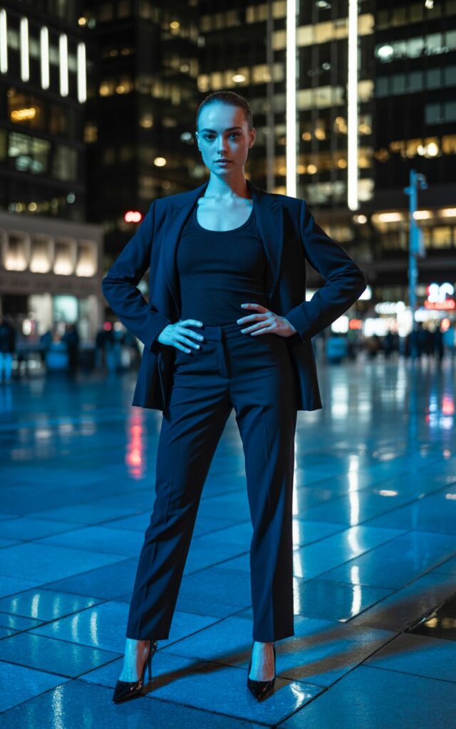 White-skinned female model with sharp jawline, in an all-black outfit (tank, trousers, heels) topped with a cobalt blue blazer. Setting modern city plaza at night. Dramatic city lights. She’s standing powerfully, hands on hips, serious expression. Sleek sophistication.