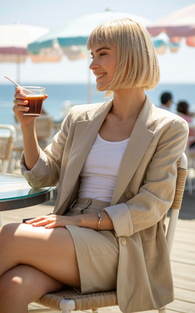 White-skinned female model with short bob, in a beige linen blazer with matching tailored shorts, white tank, and sandals. Setting seaside boardwalk café. Bright natural daylight. She’s seated at an outdoor table with iced coffee, relaxed smile. Breezy summer vibe.