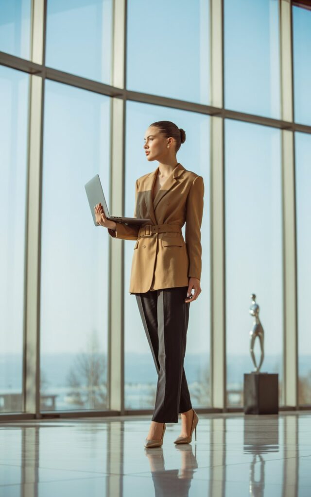 White-skinned female model with sleek bun, in a belted tan blazer, tailored black trousers, and pointed pumps. Setting modern office with floor-to-ceiling windows. Natural daylight. She’s striding confidently with a laptop in one hand. Boss energy.