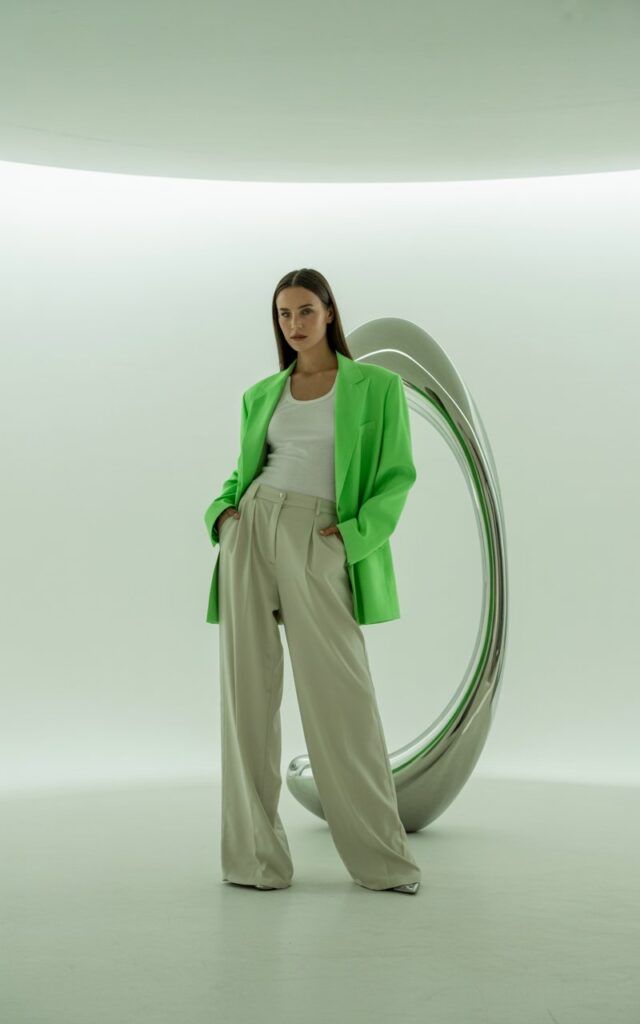 White-skinned female model with sleek straight hair, wearing a neon green blazer, white tank, wide-leg cream trousers, and minimalist heels. Setting modern art gallery with clean walls. Soft overhead lighting. She’s standing tall, hands at her sides, serious expression. Bold fashion statement.