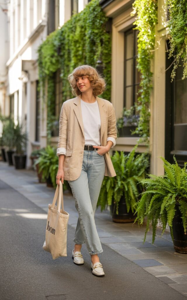 White-skinned female model with soft waves, in a beige blazer, white tee, light wash straight-leg jeans, and loafers. Setting quiet cobblestone street with greenery. Afternoon natural light. She’s walking casually with a tote bag, gentle smile. Understated elegance.