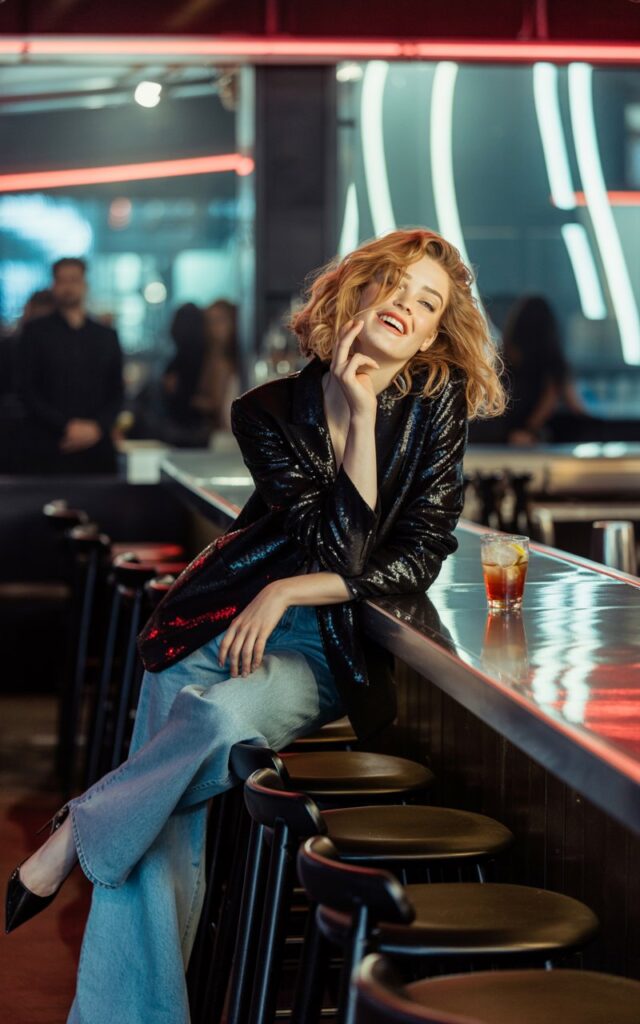 White-skinned female model with tousled curls, wearing a black sequin blazer, wide-leg denim, and pointed heels. Setting trendy cocktail bar interior. Dim, moody lighting with neon accents. She’s leaning on a barstool, playful smirk. Effortless glam.