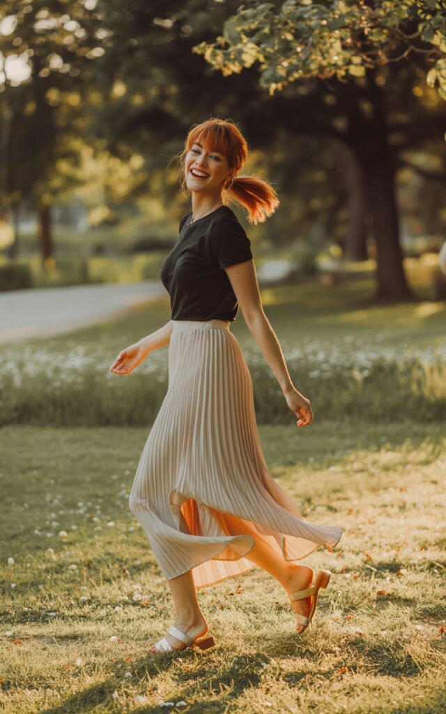 White-skinned model with auburn hair in a low ponytail, wearing a pleated cream maxi skirt, fitted black tee, and leather sandals. Shot in a sunny park setting, soft golden light. She’s twirling playfully, smiling mid-motion.