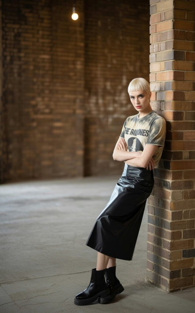 White-skinned model with platinum blonde bob, rocking a vintage band tee tucked into a black leather midi skirt, paired with ankle boots. Shot in an industrial warehouse setting with dramatic shadows. She’s leaning against a brick wall, arms crossed, intense expression, edgy editorial energy.