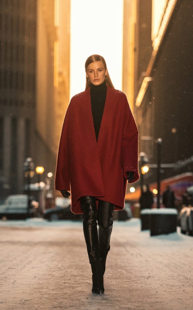 Winter city street. Model in an oversized red wool coat over a black turtleneck, black leather leggings, and black ankle boots. Sleek hair tucked behind ears. Snow lightly falling, golden hour glow bouncing off buildings. She walks confidently toward the camera.
