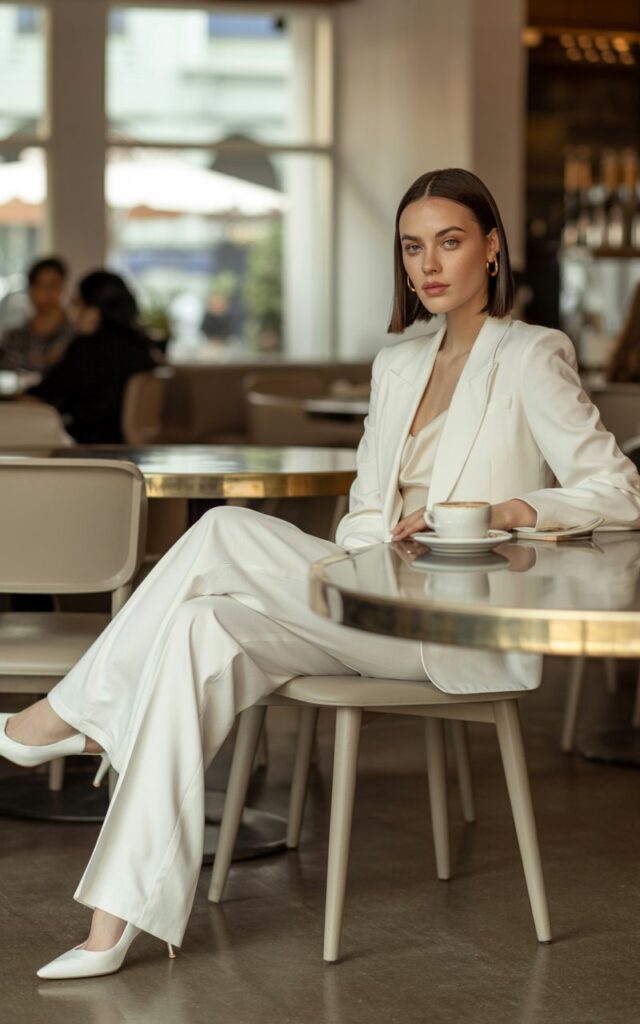 White-skinned female model with sleek bob haircut, wearing a crisp white blazer, white trousers, and white pointed-toe heels. Gold hoop earrings. Full-body shot in a chic café interior with soft indoor window light. She’s seated casually on a chair, legs crossed, with a latte on the table. Polished yet relaxed.