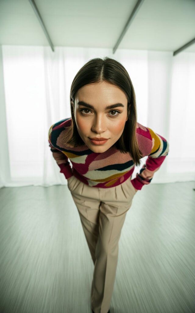 Studio scene with bright, clean background. Model wears a vibrant patterned oversized sweater with beige tailored pants and loafers. Soft indoor light. Hair styled sleek and straight. Pose standing playfully with one hand in pocket, smirking.