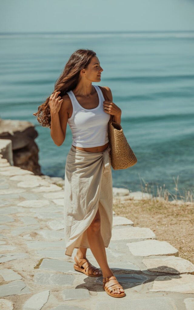 Coastal outdoor shot with bright natural daylight. A fit woman with long brunette hair wears a wrap-style beige skirt with a breezy white tank, paired with tan strappy sandals and a woven tote. She’s standing on a stone path near the sea, adjusting her hair with one hand, looking relaxed.