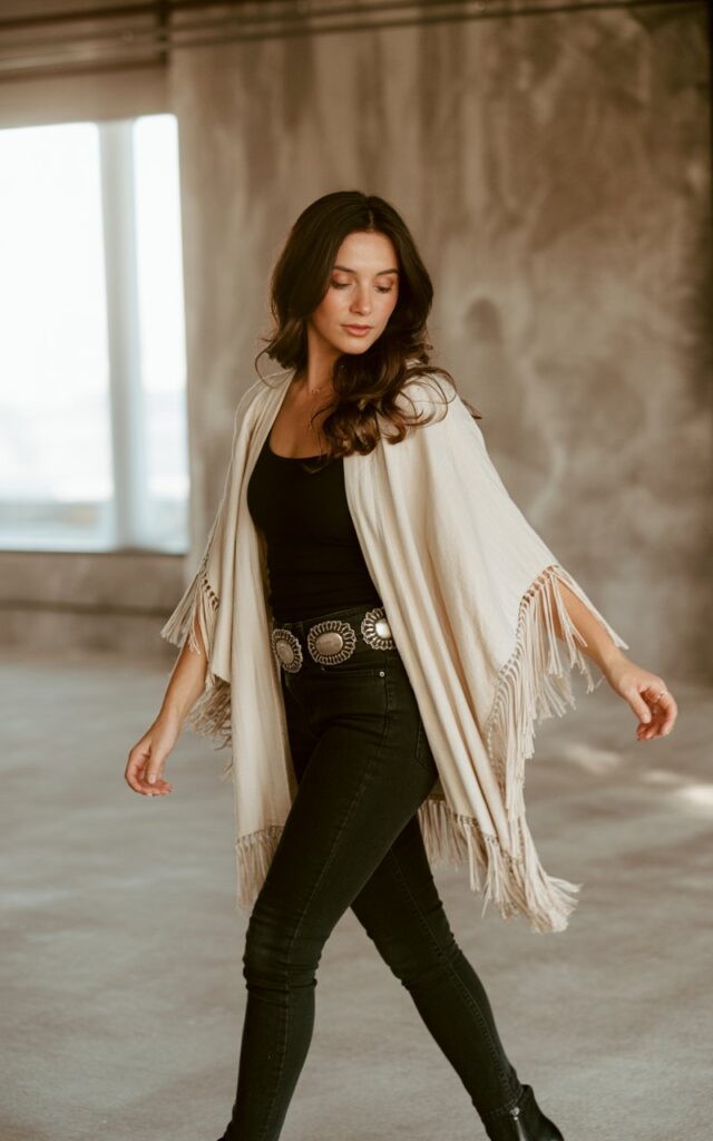 A boho-inspired indoor studio with soft warm lighting. The model wears a cream fringe kimono, black skinny jeans, heeled boots, and a concho belt. She’s caught mid-step with fringe in motion, looking effortlessly elegant and free-spirited.