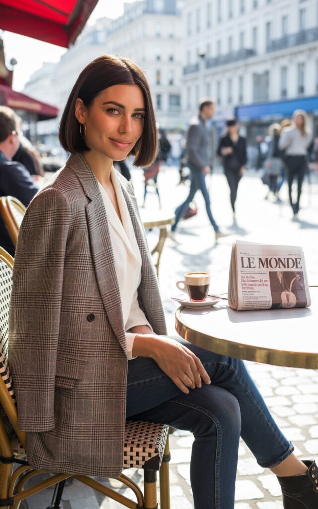 A brunette woman with a polished bob hairstyle, wearing a gray plaid blazer over a white blouse, paired with fitted dark jeans and ankle boots. She’s seated casually at an outdoor café table, laptop open, natural daylight illuminating her outfit. Confident, approachable smile, authentic editorial feel.