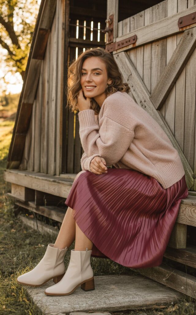 A chic woman in a blush knit sweater, burgundy pleated skirt, and cream ankle boots poses near a rustic barn. Warm afternoon light enhances the color harmony. Her hair is in soft waves, and she has a gentle, confident half-smile.