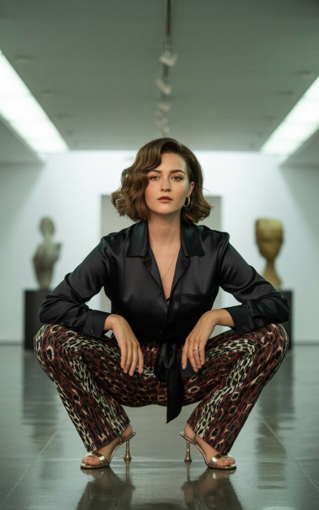 A confident brunette with wavy bob, wearing bold patterned trousers (geometric print), tucked-in solid black blouse, and heeled sandals. Setting modern art gallery with soft spotlighting. Hands on hips, smirking slightly. Bold yet approachable.
