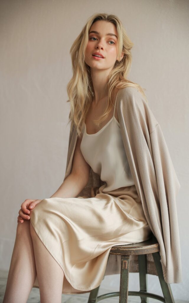 A fair-skinned blonde woman with wavy hair poses in a softly lit indoor studio. She wears a champagne silk slip skirt, white camisole, and oversized beige cardigan. Barely-there makeup enhances her natural beauty. She sits on a stool, crossing her legs gracefully with a calm expression.