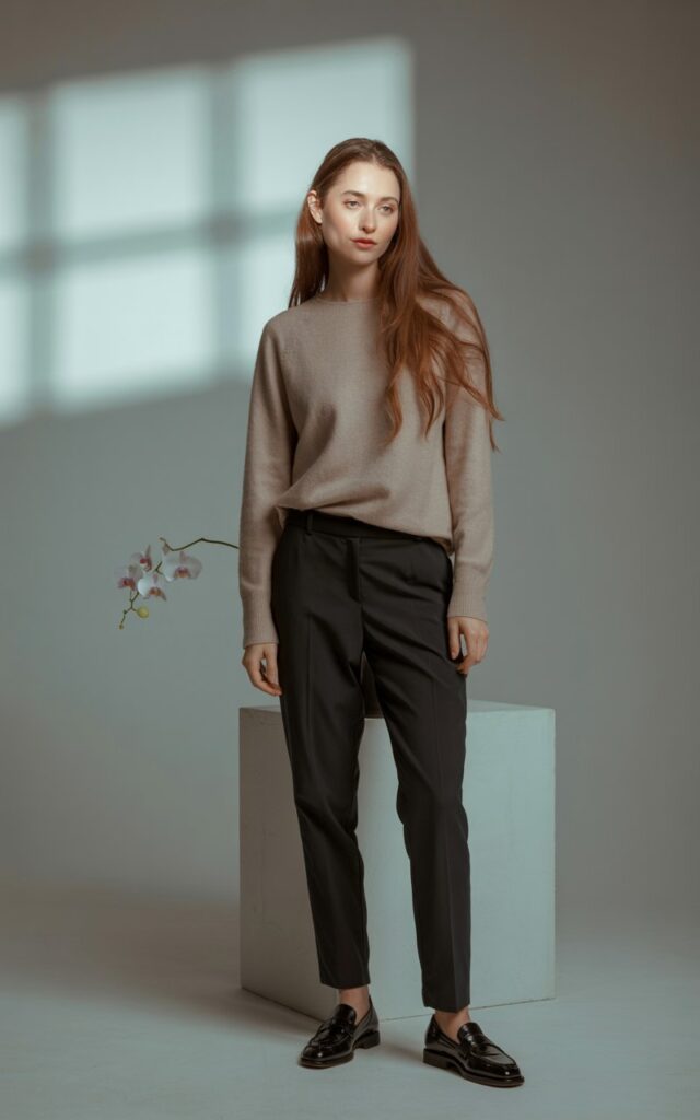 A fair-skinned model with long loose brown hair, wearing sleek black tailored trousers with a beige cashmere sweater and loafers. Studio backdrop with soft gray tones, soft window light falling across her face. Elegant, simple pose—standing straight with a slight smile.