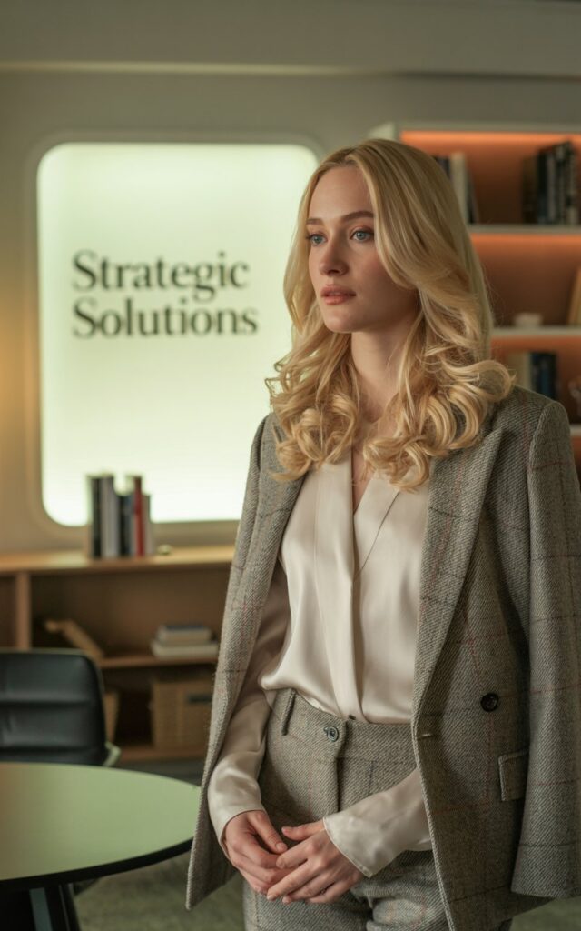 A fair-skinned woman with blonde waves stands in a softly lit indoor workspace. She wears a gray tweed jacket over a cream silk blouse with high-waisted trousers. The lighting is warm and diffused, creating a cozy sophistication. Her expression is calm, exuding quiet confidence.
