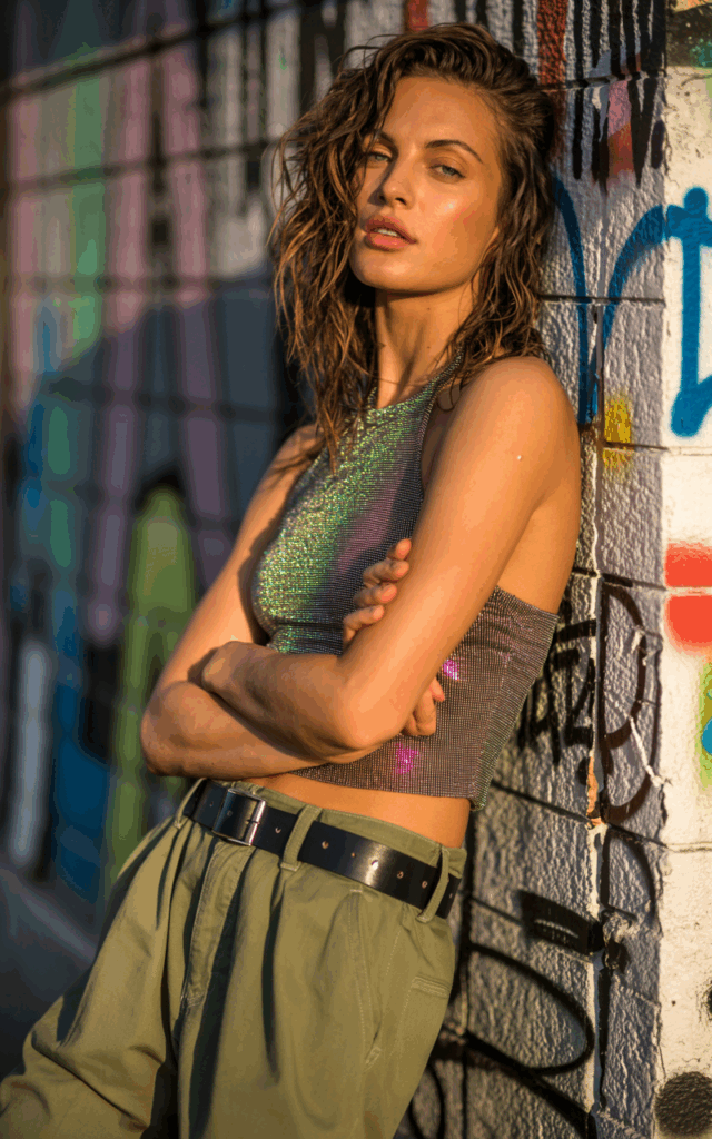 A fit brunette model with beachy waves poses outdoors against an urban wall with graffiti art. She wears a metallic halter top and loose olive cargo pants with a chunky belt. Golden hour lighting adds warmth to her bronzed skin. She leans back with arms crossed, giving a fierce yet relaxed vibe.