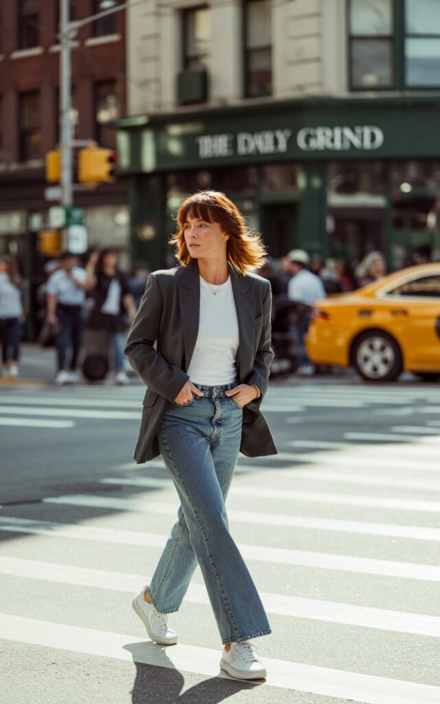 A fit brunette with layered hair, wearing a charcoal boxy blazer, white tee tucked into straight-leg faded denim, and white sneakers. She’s walking across a crosswalk in the city, sunlight hitting from the side. Cool, slightly serious expression, hands in pockets.