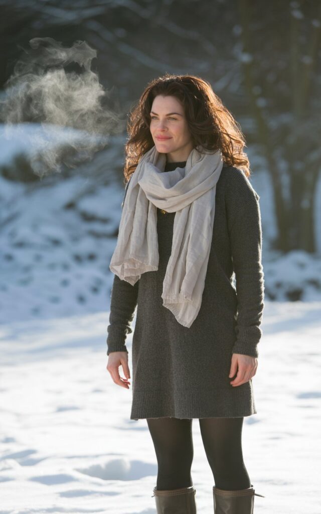 A fit brunette with wavy hair, wearing a dark gray wool sweater dress, black tights, and tall leather boots. Wintery outdoor scene with snow-dusted ground and pale daylight. Cozy scarf added. Relaxed stance, natural smile, breath visible in the cold air.