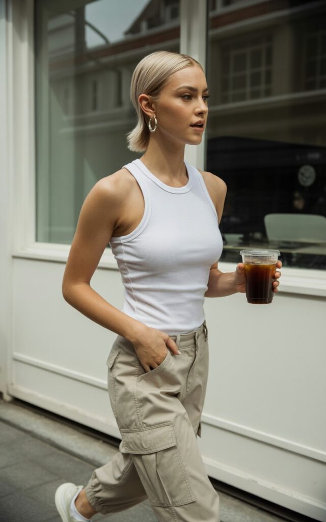 A fit white-skinned model with sleek blonde hair in a middle part walks past a minimalist café. She wears a white ribbed tank, khaki low-rise cargo pants, white sneakers, and silver hoop earrings. Natural daylight with soft shadows. She’s holding an iced coffee, looking off to the side with a calm, cool expression.