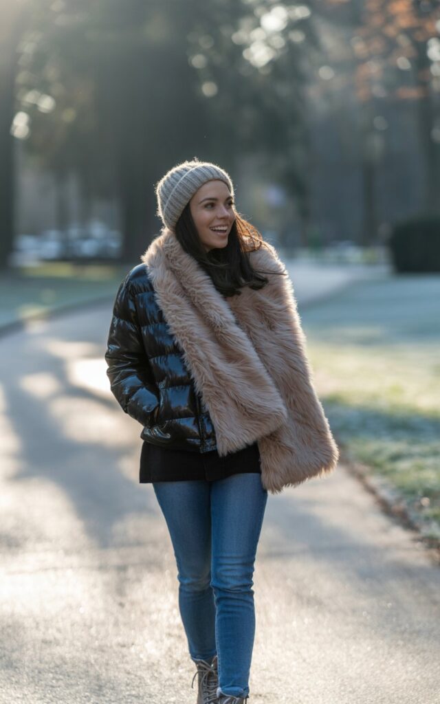 A full-body outdoor shot of a woman walking on a frosty park path under natural morning light. She’s wearing a glossy black puffer jacket, a beige faux fur scarf, skinny jeans, and lace-up boots. Her hair peeks from under a knitted beanie, and her expression is cheerful and candid as she looks over her shoulder.