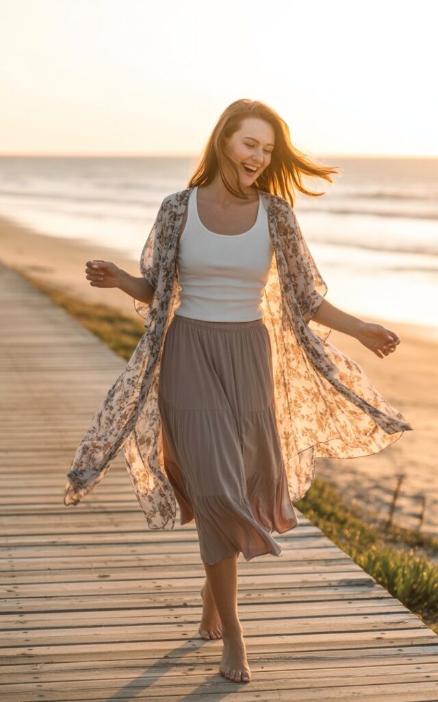 A full-body shot at a beachside boardwalk during soft sunset light. The model wears a flowing floral kimono over a white tank and taupe midi skirt. Her hair is wind-tousled, and she walks barefoot, laughing naturally. The kimono flutters beautifully in the breeze.