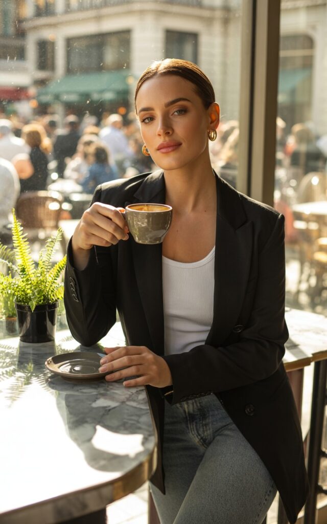 A full-body shot of a chic woman in an urban café setting. She wears a fitted black blazer over a white ribbed tank and straight-leg jeans, paired with nude heels and gold hoop earrings. Natural indoor window light casts soft shadows on her face. She’s leaning slightly on a counter, holding a coffee cup with a poised, self-assured expression.