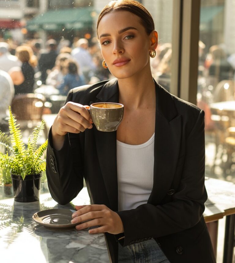 A full-body shot of a chic woman in an urban café setting. She wears a fitted black blazer over a white ribbed tank and straight-leg jeans, paired with nude heels and gold hoop earrings. Natural indoor window light casts soft shadows on her face. She’s leaning slightly on a counter, holding a coffee cup with a poised, self-assured expression.