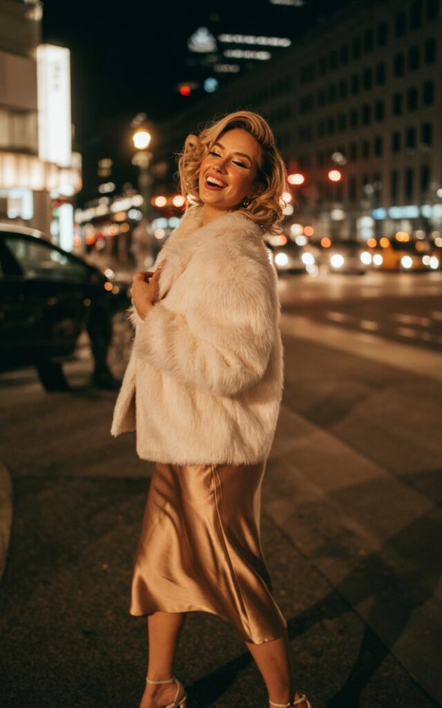 A glamorous city night scene lit by warm streetlights. She’s wearing a cream faux fur coat over a bronze satin midi skirt with strappy heels. Her makeup glows under the light, and her hair is styled in big soft curls. She’s turning slightly toward the camera, mid-laugh.