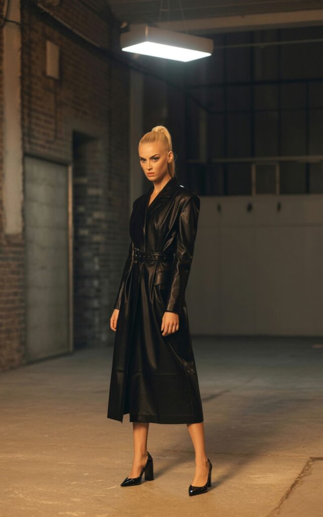 A model with blonde hair slicked back in a ponytail, wearing a black belted leather midi dress with structured shoulders, block heels, and minimal jewelry. She stands tall in an urban industrial setting with exposed brick, dramatic late afternoon light casting shadows. Fierce, commanding gaze at the camera.