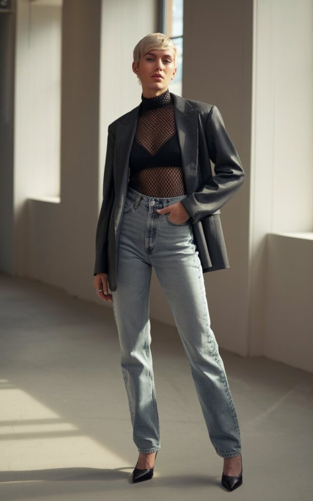A model with short blonde hair poses in a minimalist indoor studio with soft window light. She wears a black mesh turtleneck under a fitted gray blazer, high-waisted jeans, and pointed heels. The sheer texture subtly catches the light. She stands with one hand in pocket, giving a confident, composed expression.