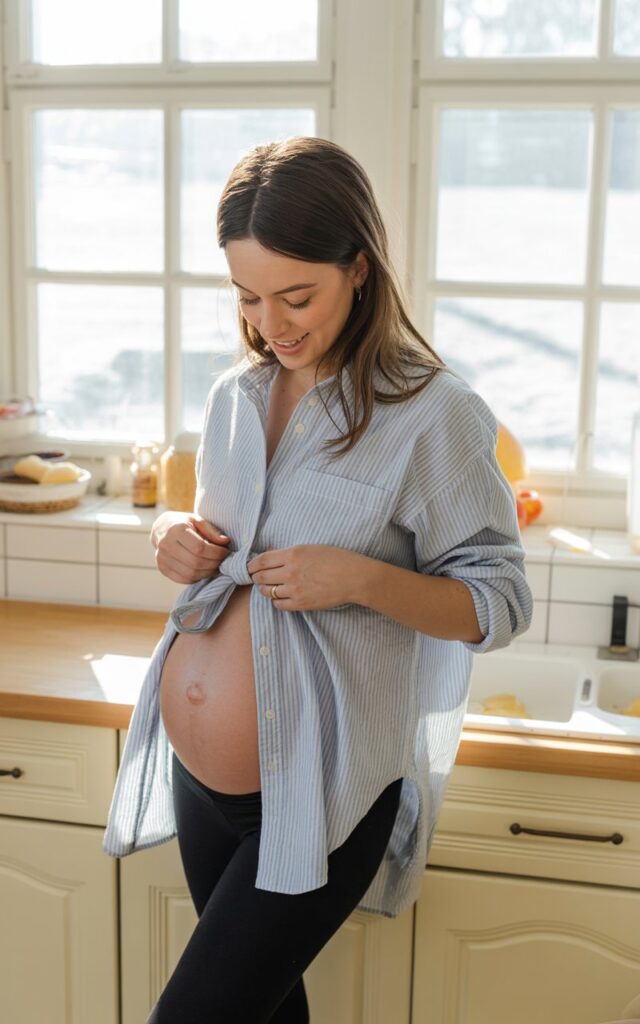 A pregnant woman wearing an oversized striped button-up shirt tied above her bump, paired with black leggings. Standing in a bright kitchen, morning sunlight streaming through windows. Casual, fresh, smiling as she adjusts her sleeves.