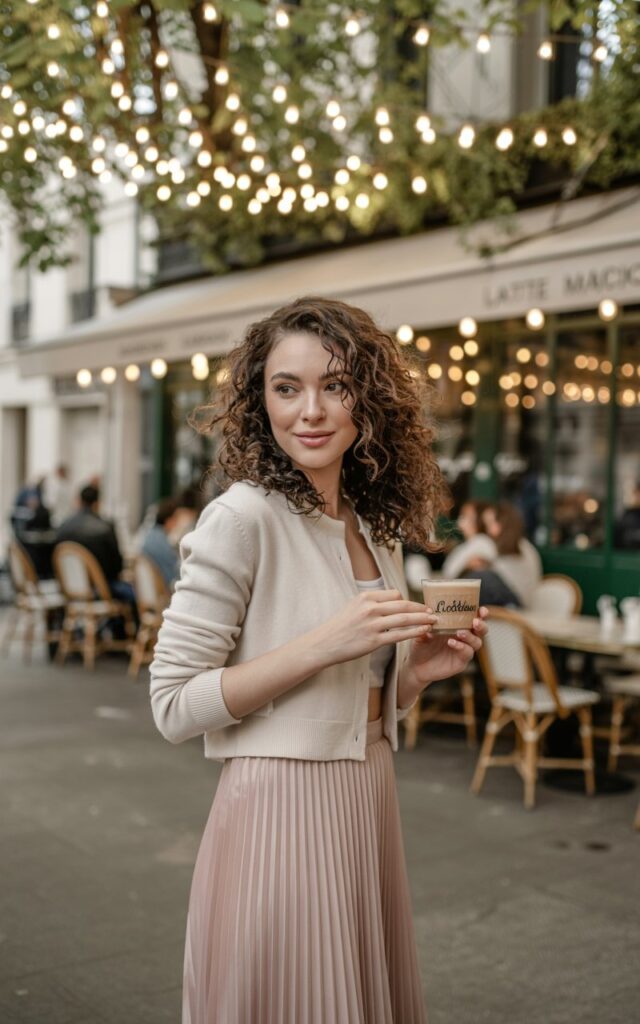 A slim brunette with glossy curls, wearing a blush-pink pleated midi skirt, paired with a cropped cream cardigan and nude pumps. She’s standing under string lights at an outdoor café at golden hour. Graceful stance, soft dreamy smile.