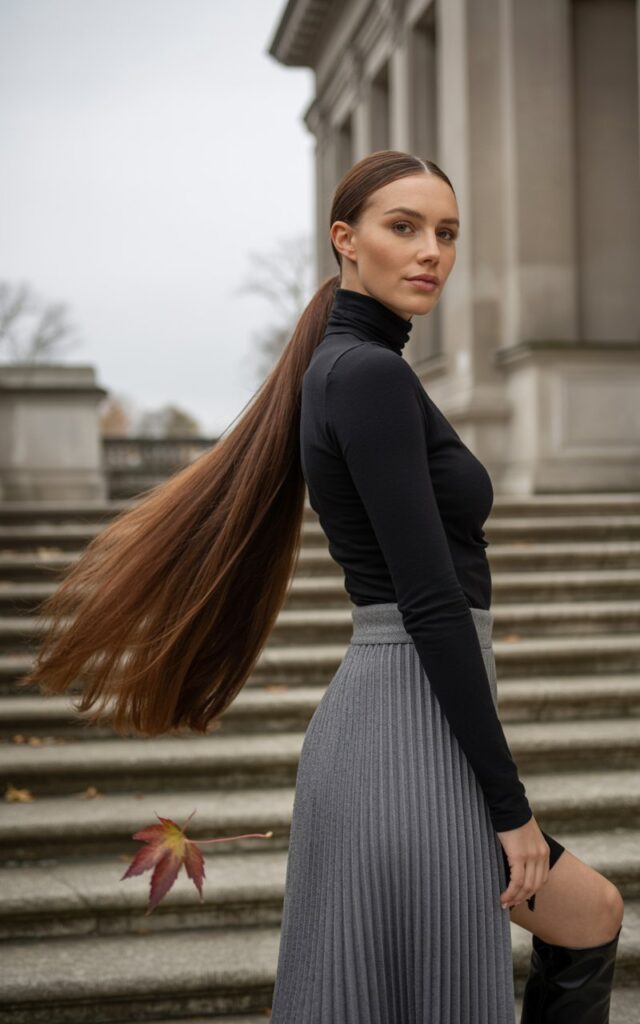 A striking brunette with long sleek ponytail, wearing a black fitted turtleneck tucked into a pleated gray midi skirt, paired with tall boots. She’s standing on stone steps outside a museum, overcast daylight for an editorial edge. Elegant, commanding pose, looking slightly off-camera.
