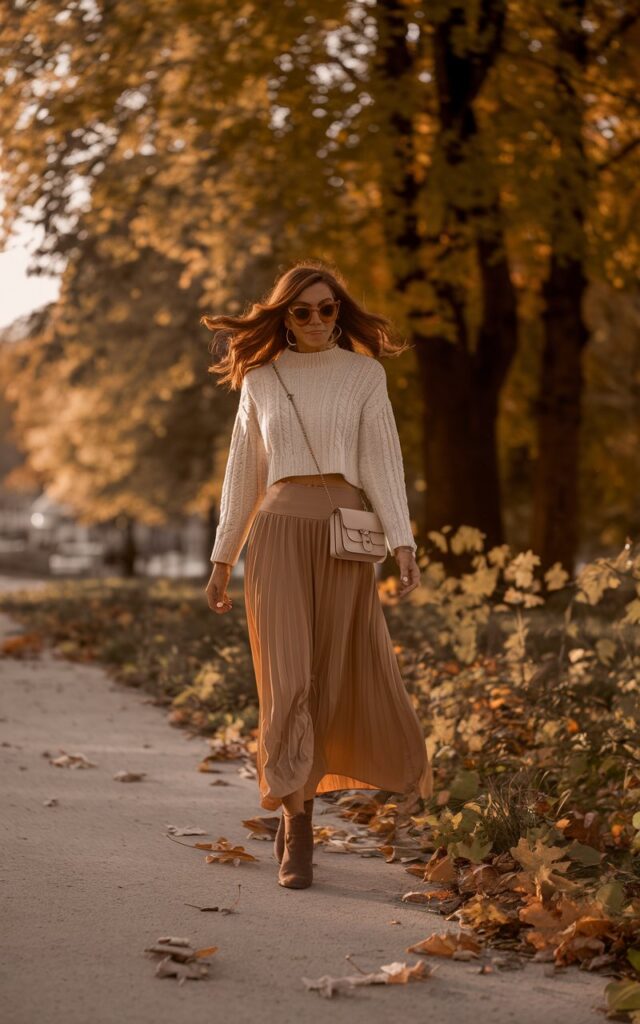 A stylish woman walking along a leafy autumn park path, wearing a cream cropped knit sweater and a tan flowy maxi skirt. She pairs it with ankle boots and a crossbody bag. Her wavy chestnut hair flows naturally in the breeze, and the golden hour light adds a cozy, dreamy vibe. Full-body composition with leaves scattered around.