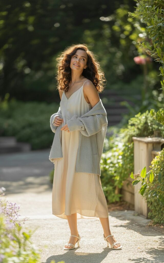 A tall brunette with soft curls, wearing a cream sleeveless midi dress paired with a light gray knit cardigan draped over her shoulders, strappy sandals on her feet. She’s standing in a sunlit garden path, warm daylight highlighting soft fabric textures. Relaxed stance, dreamy smile.