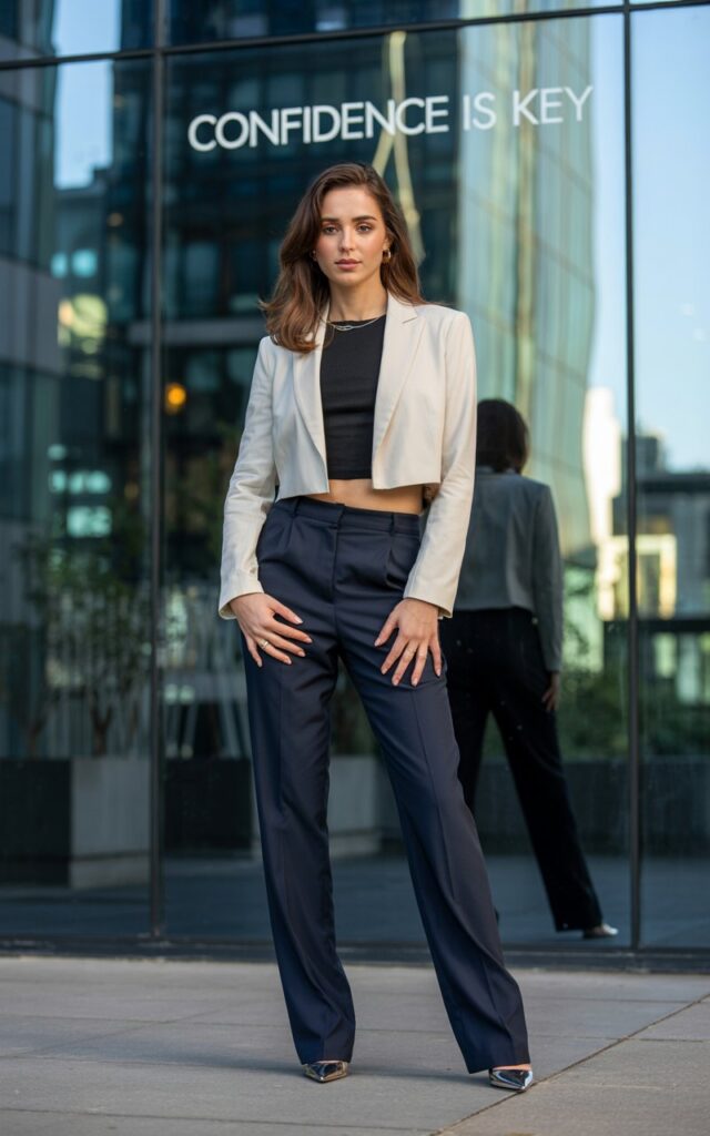 A tall brunette woman poses against a glass office building. She wears a cropped cream blazer over a fitted black top and high-waisted navy trousers. Pointed heels complete the look. Natural daylight reflects off the glass, giving the shot a sleek, modern feel. Her hands rest confidently on her hips.