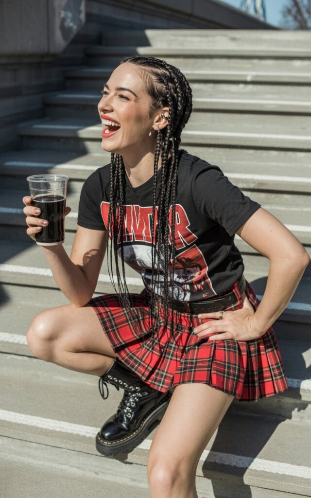A white female model with straight jet-black hair styled with mini braids. She’s wearing a bold graphic tee tucked into a plaid pleated mini skirt and black combat boots. Shot on an outdoor staircase at midday with natural light and sharp shadows. She’s mid-laugh, holding a soda cup, giving a playful pop-punk energy.